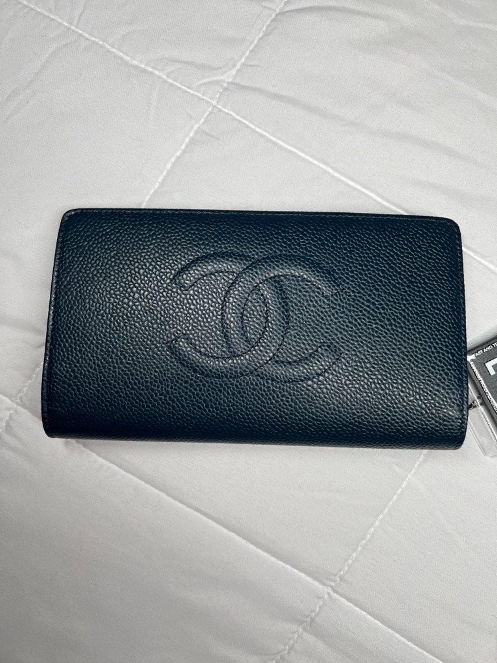 CHANEL Navy Caviar Leather Long Wallet with Embossed CC